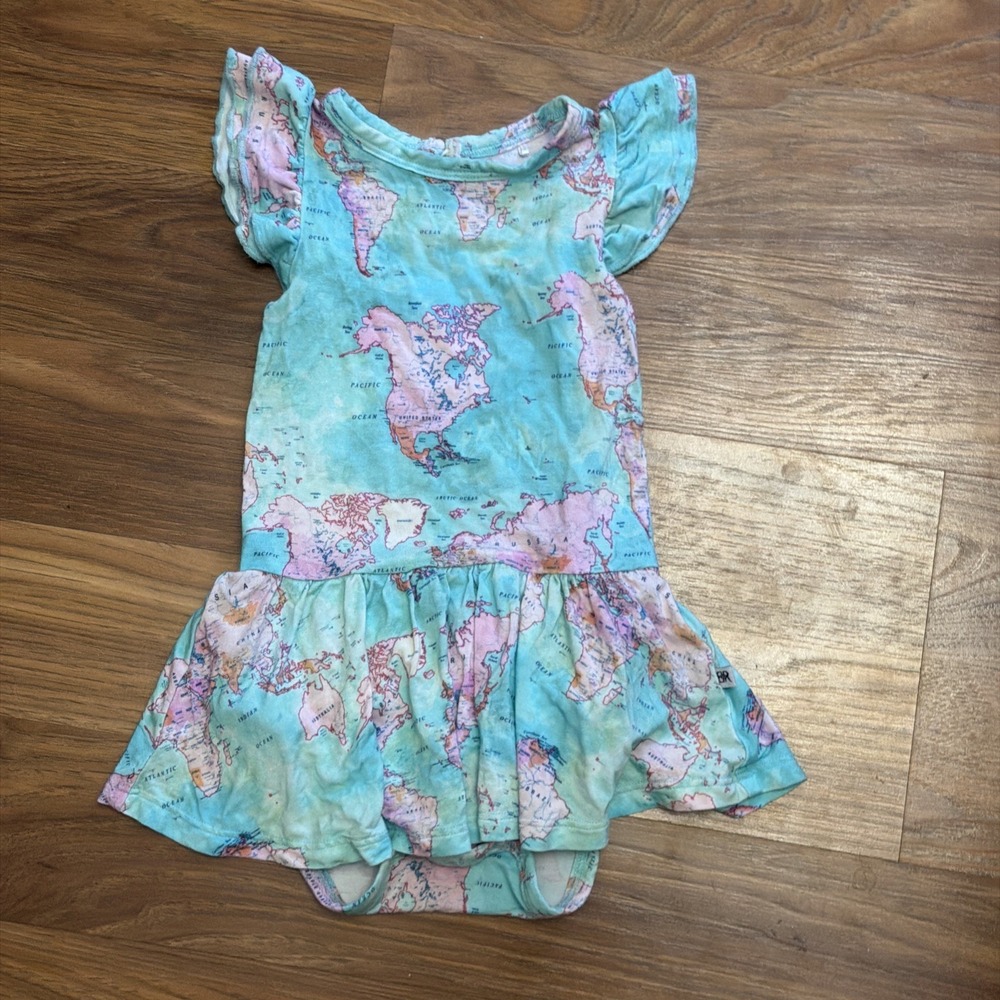 Bums & Roses Baby girls 12-18 Months World Map Romper Bodysuit Dress Bamboo VGC
